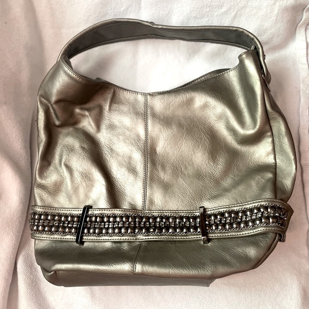 Charming Charlie gray faux leather bag with breading🤍